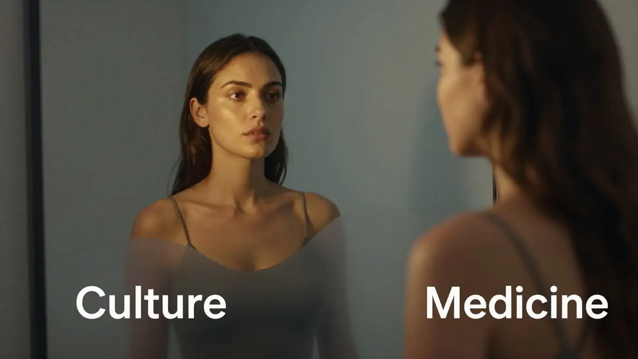 Žena ve vlastním odrazu, její tělo se mění v abstraktní šedé tvary označené 'Kultura' a 'Medicína'.