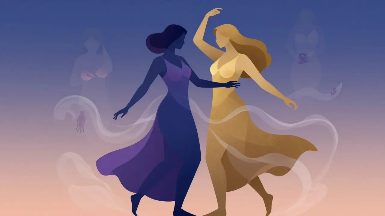 Abstraktní ilustrace hormonálního tance s postavami z barviv a vln tekutin před příchodem menstruace.