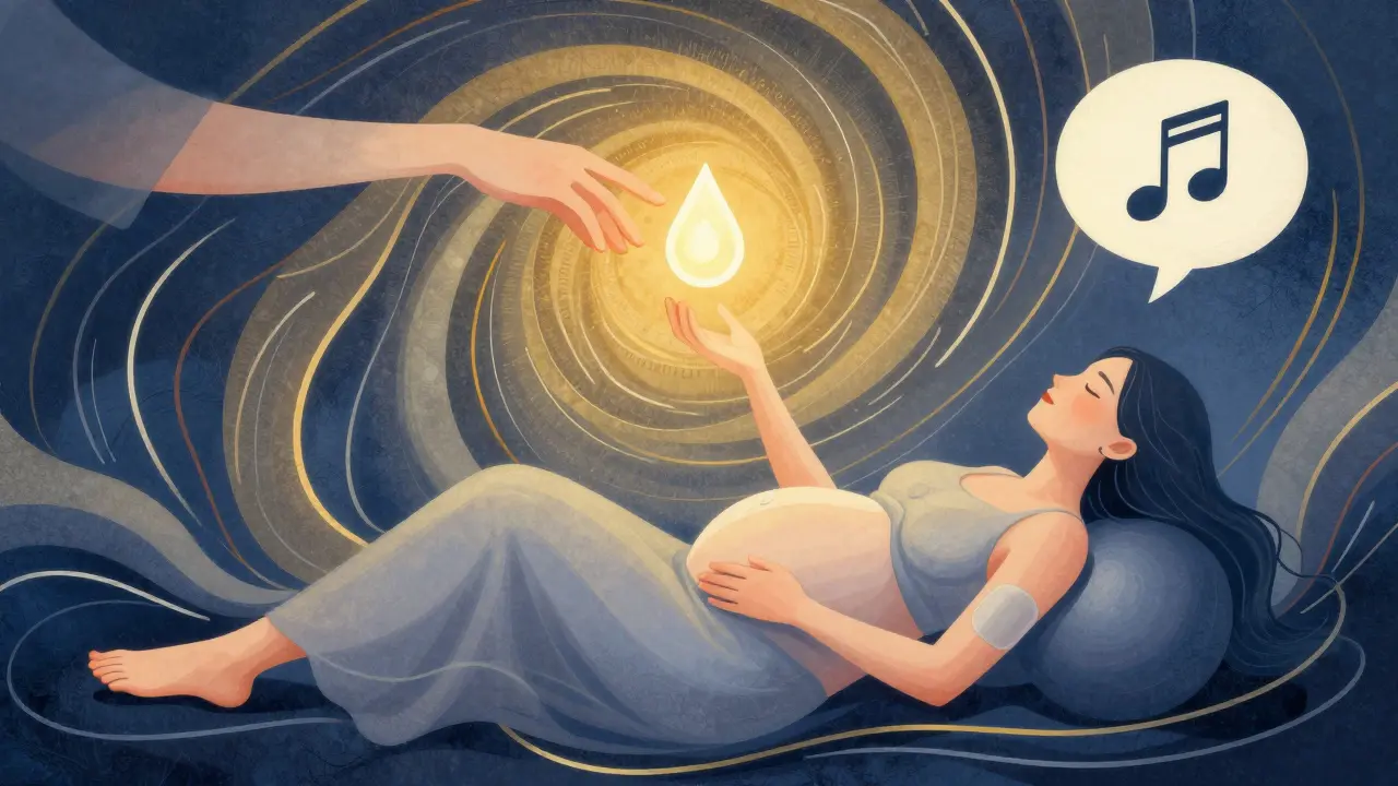 Abstraktní ilustrace porodní ženy s symbolickými proudy dechu, masáže a zvuku kolem ní.