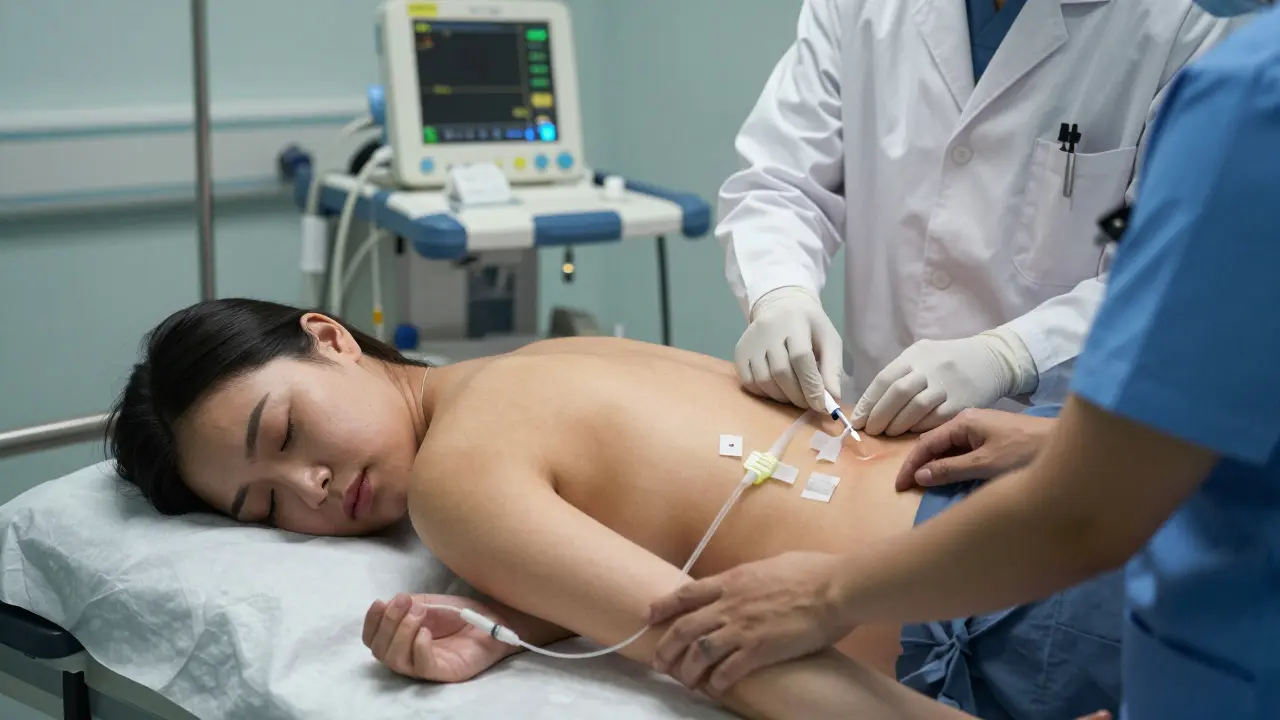 Anesteziolog vkládá epidurální katétr do záda porodní ženy, která je na boku s očima zavřenými.