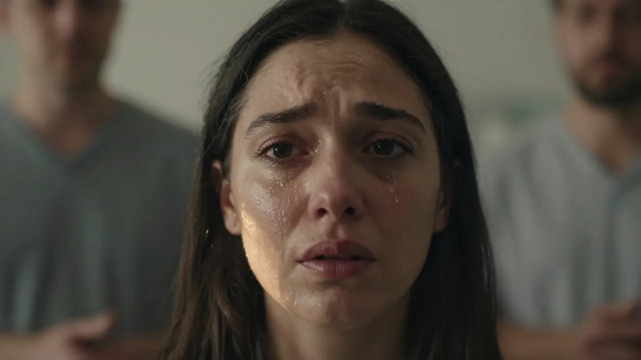 Blízký záběr obličeje ženy v okamžiku výstupu dítěte, plný emocí a únavy.