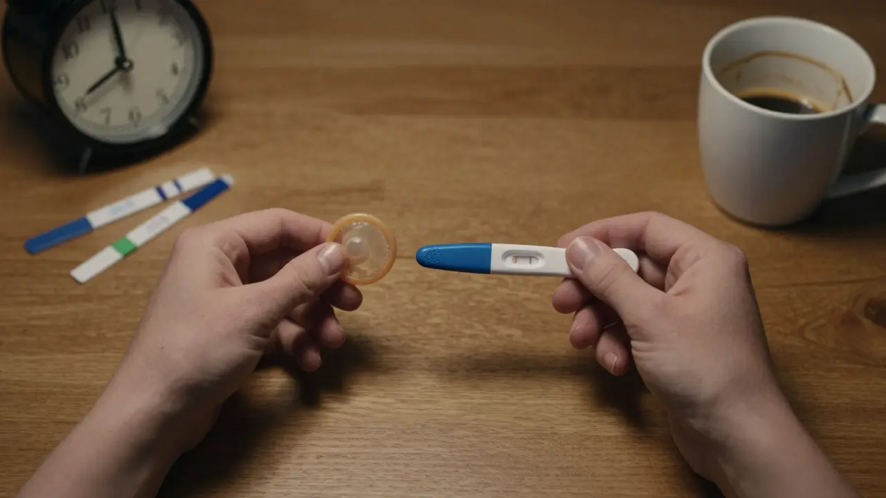 Dvě ruce drží kondom a těhotenský test vedle sebe na stole.