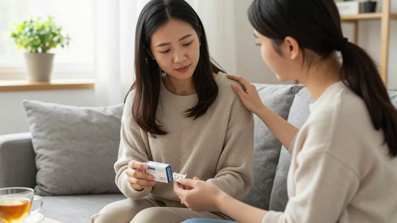 Dvě ženy se podporují, jedna drží lék na kandidózu, obě jsou klidně oblečené.