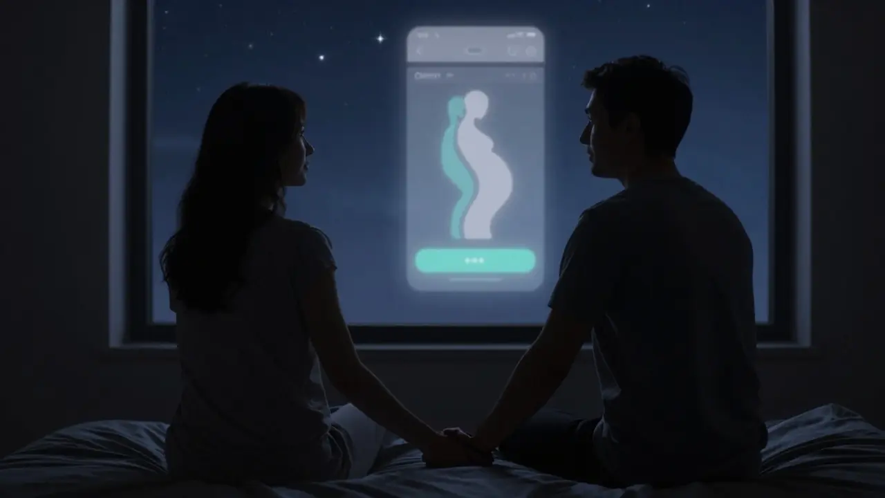 Dvojice v tiché noční scéně, symbolizující trpělivost při plánování těhotenství.