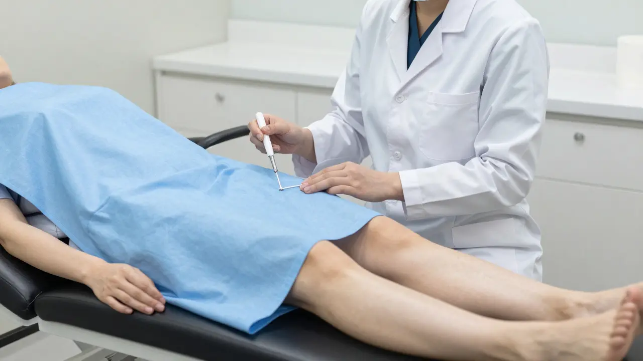 Gynekoložka vysvětluje vyšetření pacientce na gynekologickém křesle, která je přikrytá plátnem.