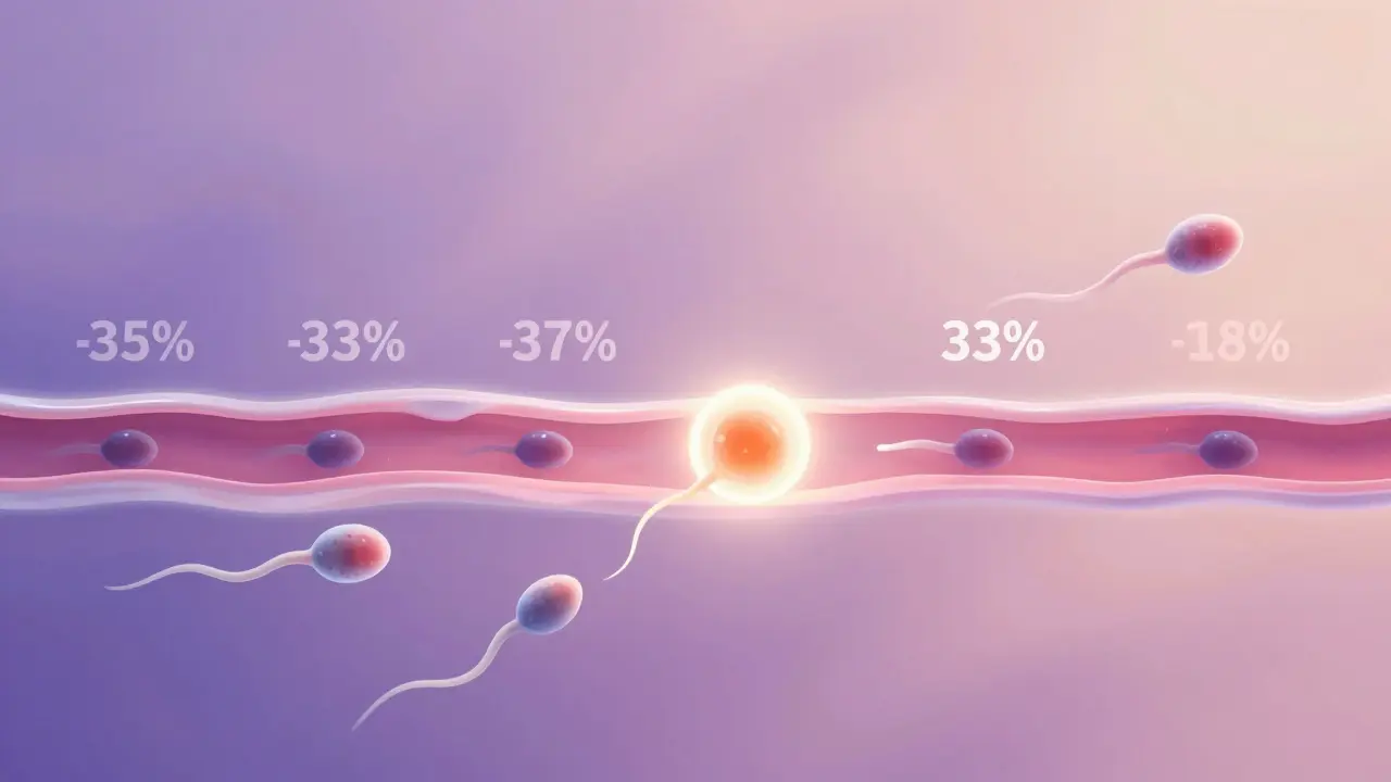 Ilustrace šesti denního plodného okna s spermie směřujícími k vajíčku.