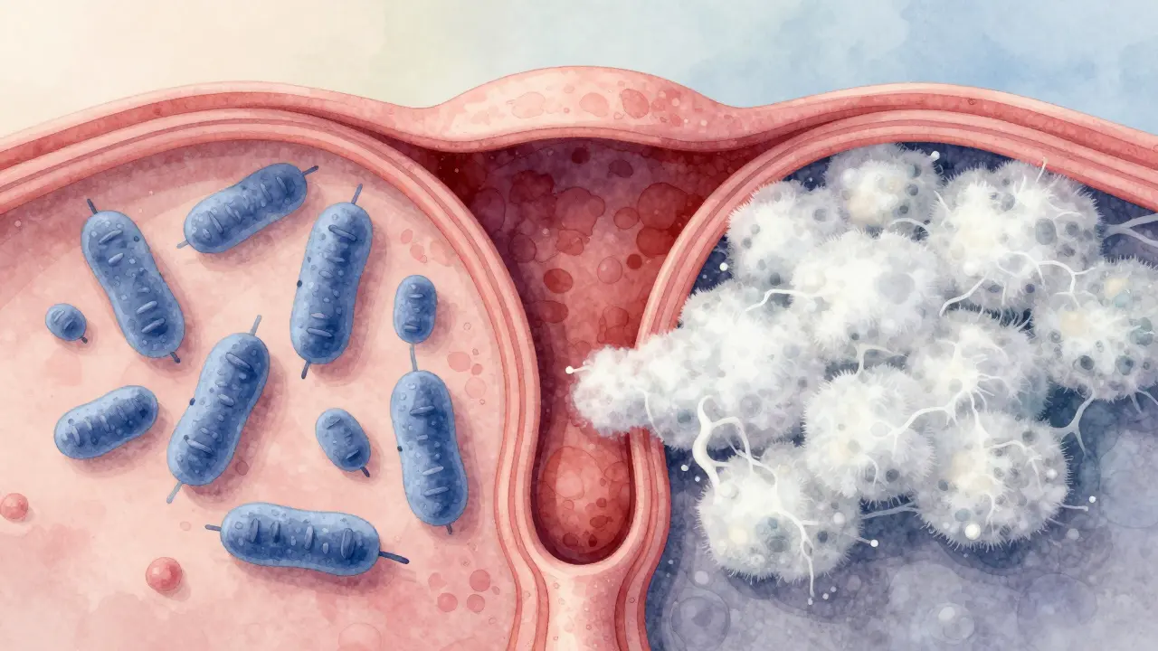 Ilustrace zdravé a nakažené mikroflóry pochvy s bakteriemi a plísní.