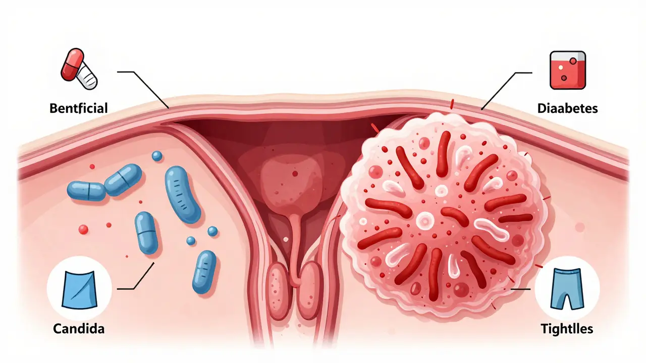 Křížový řez pochvy s rovnováhou mikroflóry a přebytkem houby Candida.