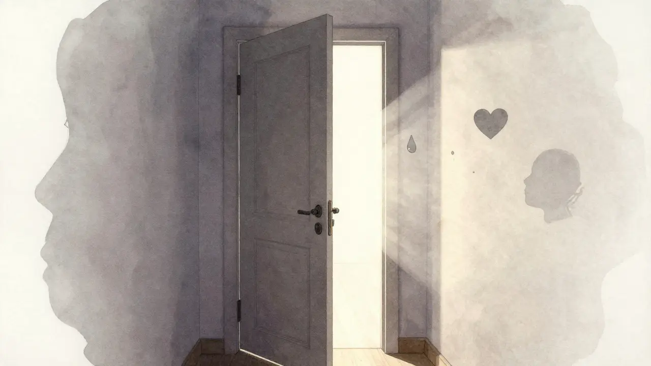 Lehce otevřené dveře s jemným světlem, kolem nich plavou symboly dítěte, vody a srdce — znaky přípravy na porod.