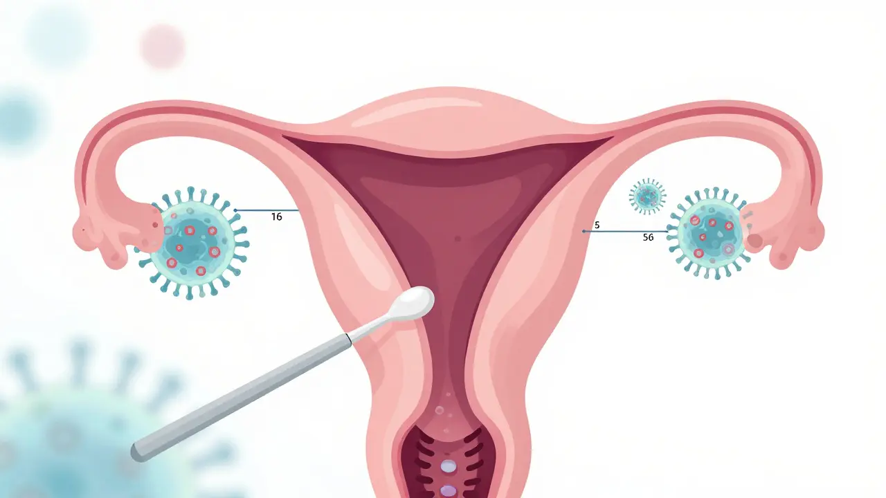 Lékařský vzorek sbírá buňky z děložního čípku s viditelnými viry HPV.