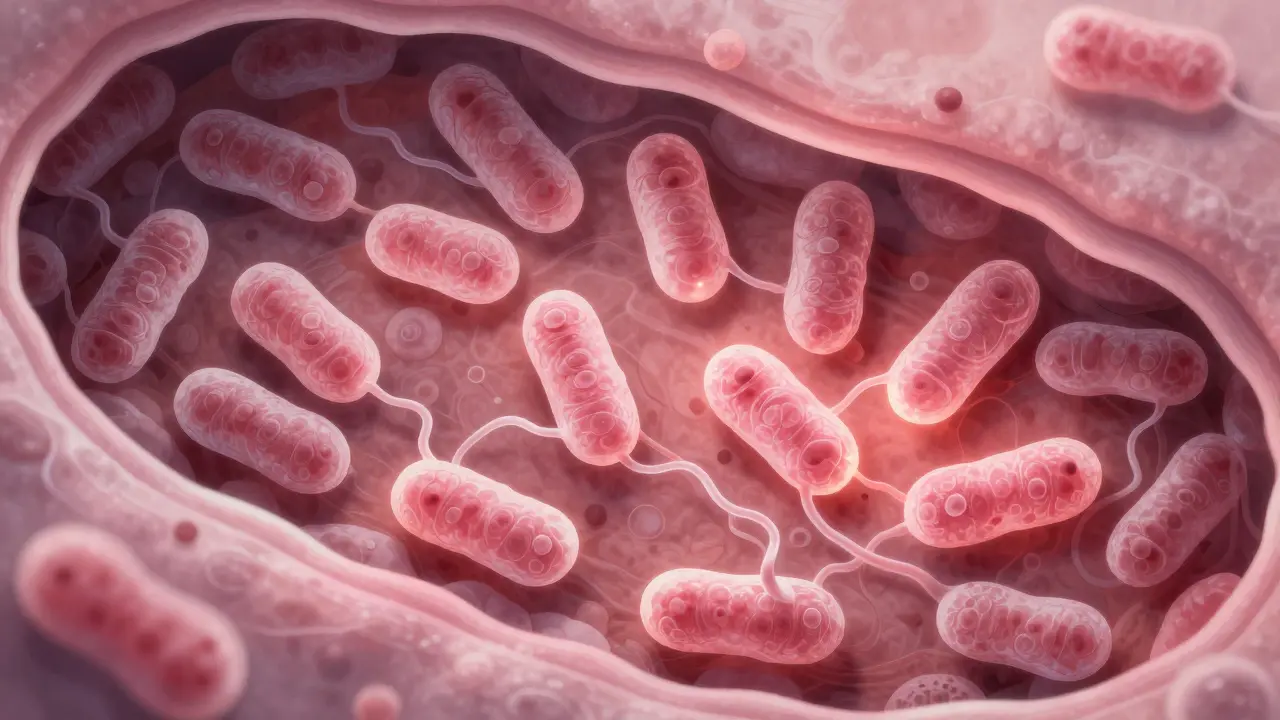 Mikroskopický pohled na kvasinky Candida albicans převládající nad zdravými bakteriemi ve vagíně.