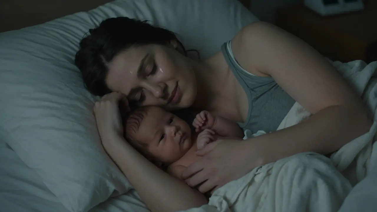 Nově narozená matka drží své dítě v náručí, vyčerpaná, ale klidně se směje.