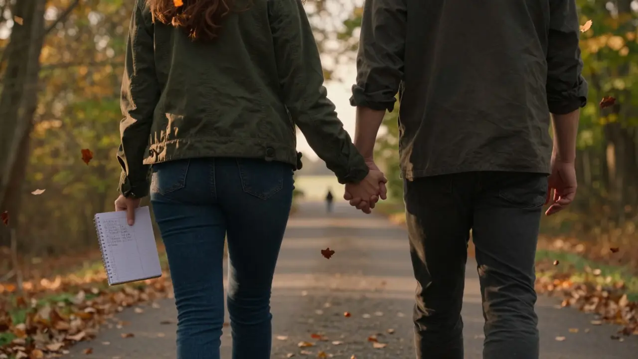 Pár prochází lesem v západu slunce, symbolizující cestu k těhotenství.