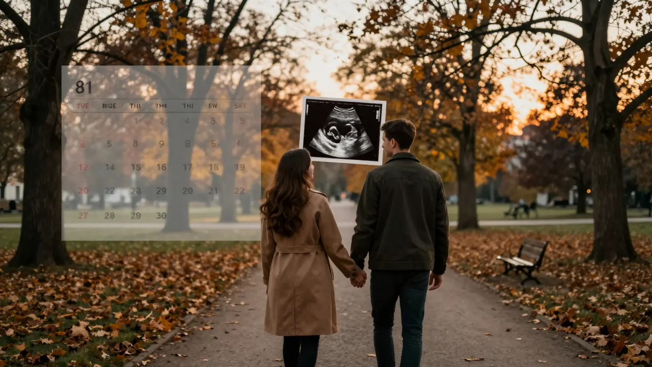 Pár se drží za ruce v pražském parku při západu slunce, nad nimi průhledná představa ovulace.