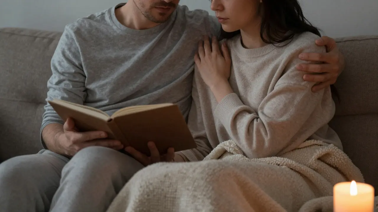 Pár sedí spolu na pohovce v klidné atmosféře po IVF.