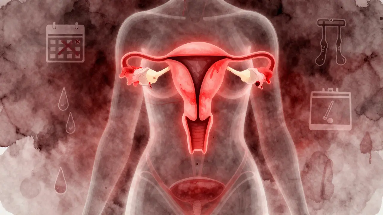 Průřez tělem s červenými skvrnami znázorňujícími nepravidelné krvácení.