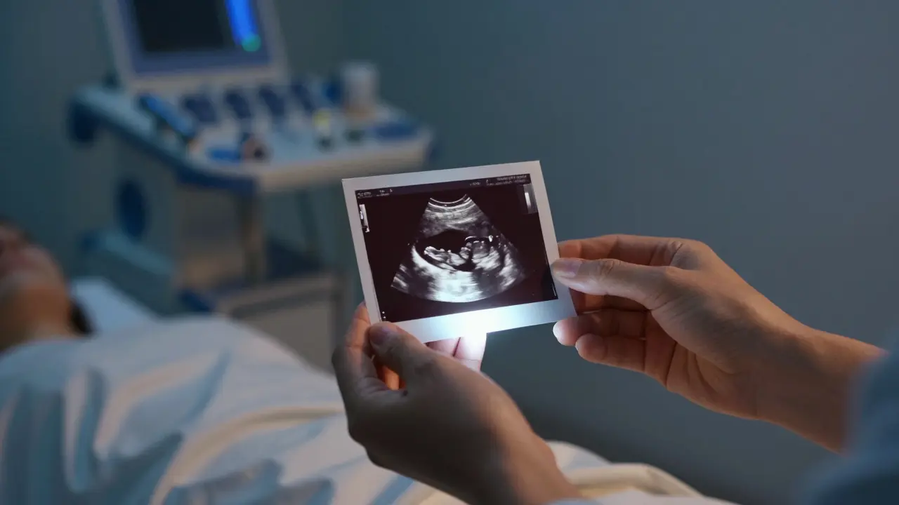 Ruce drží ultrazvukový obraz srdcového tepu plodu v klinice.