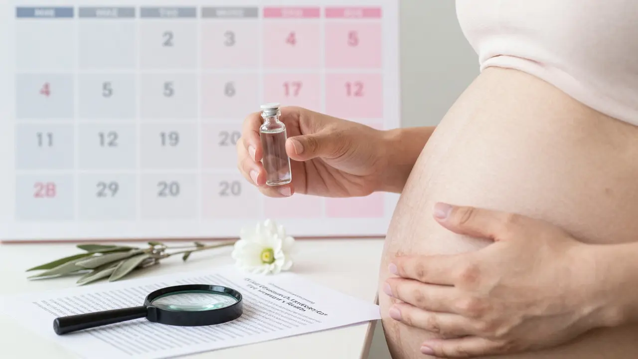 Ruce držící bylinný výtažek a břicho, kalendář s označenými měsíci a jedním bílým květem.