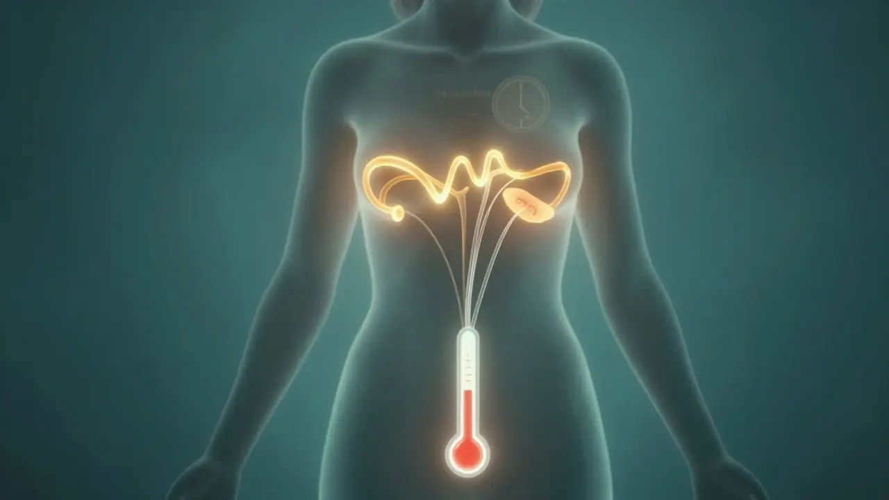 Silueta ženy s grafickým znázorněním hormonálních změn během ovulace.