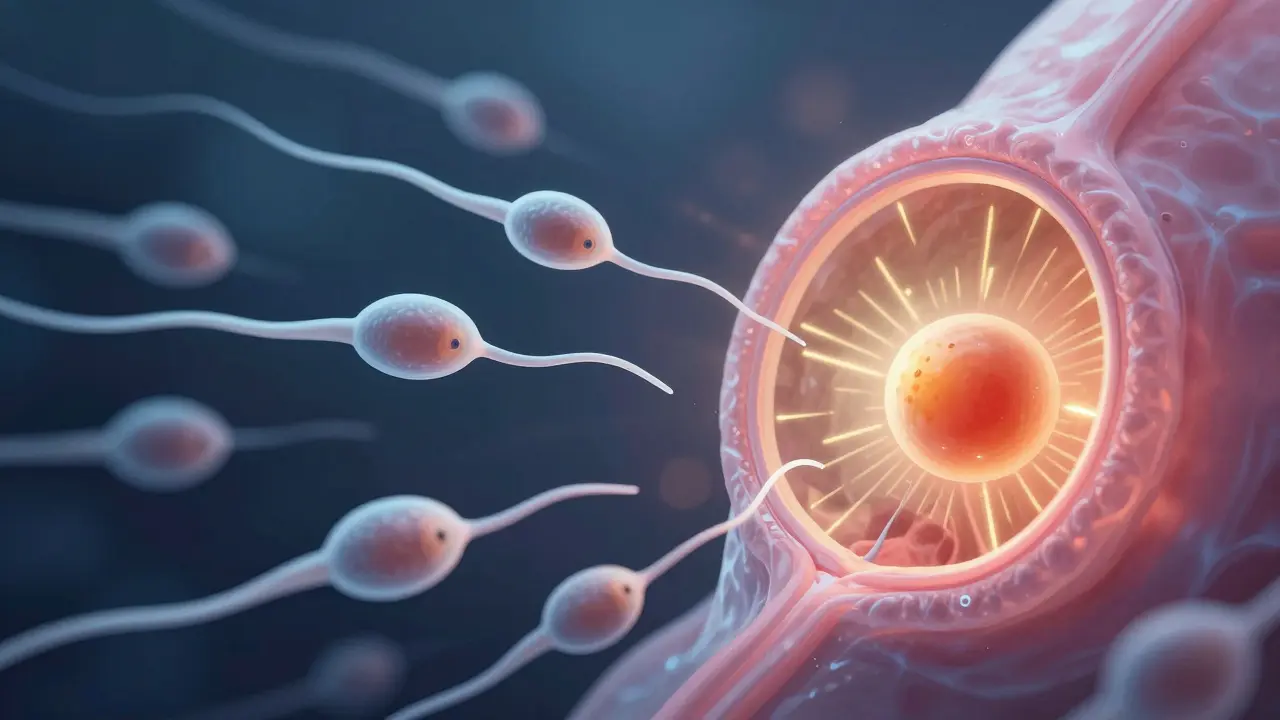 Spermií plují k vajíčku v reprodukčním traktu, zářící ovulační okno.