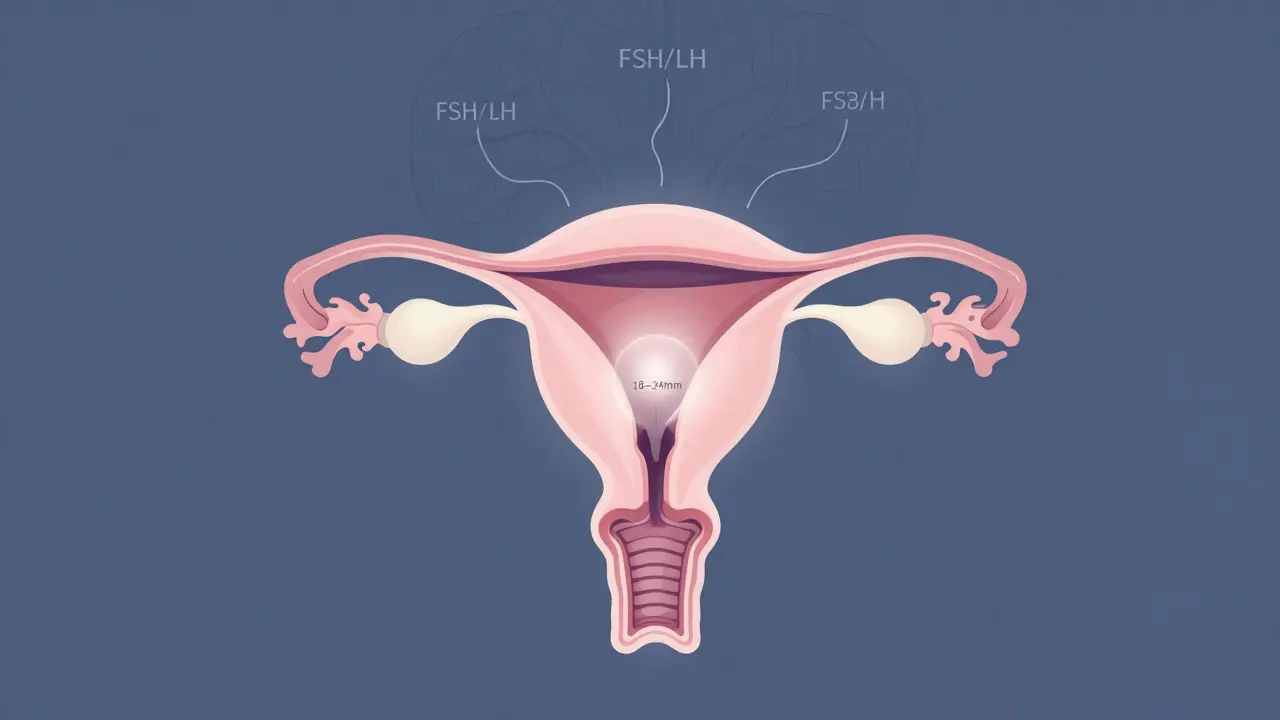 Stylizovaný vnitřní pohled na vaječník s jedním zralým folikulem pod hormonální stimulací.