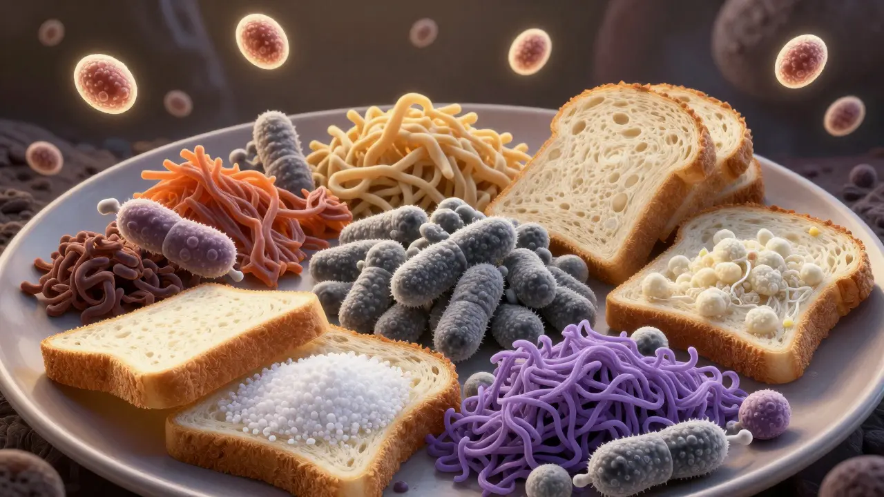 Surreální obraz kvasinek se stahujících před prospěšnými bakteriemi v potravinách.