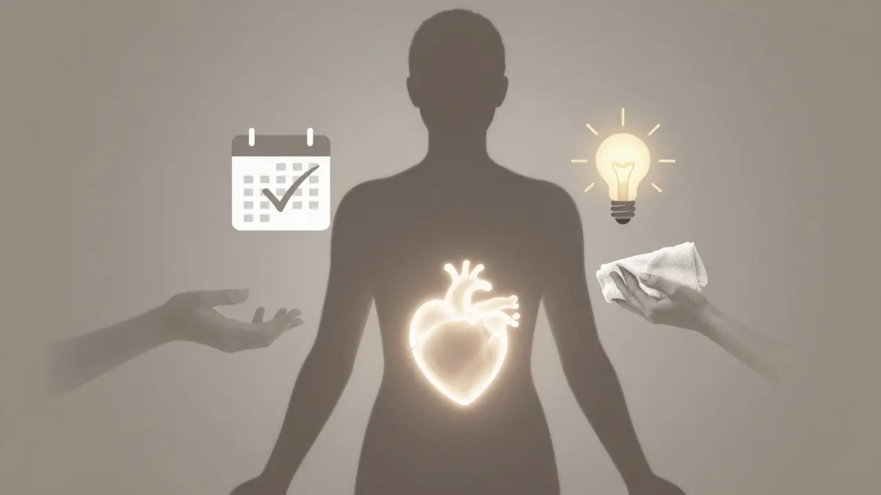 Symbolický obraz těla s srdcem a značkami péče o zdraví.