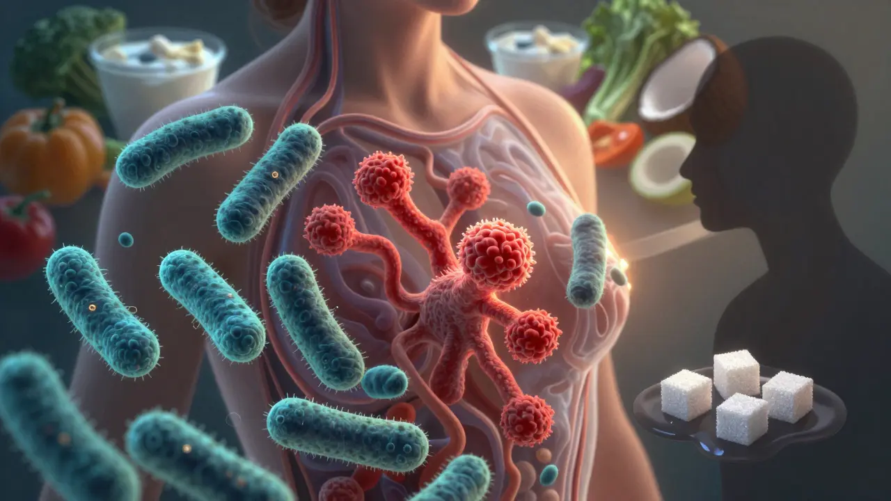 Symbolický obraz zdravé mikroflóry potlačující houbu Candida s potravinami kolem.