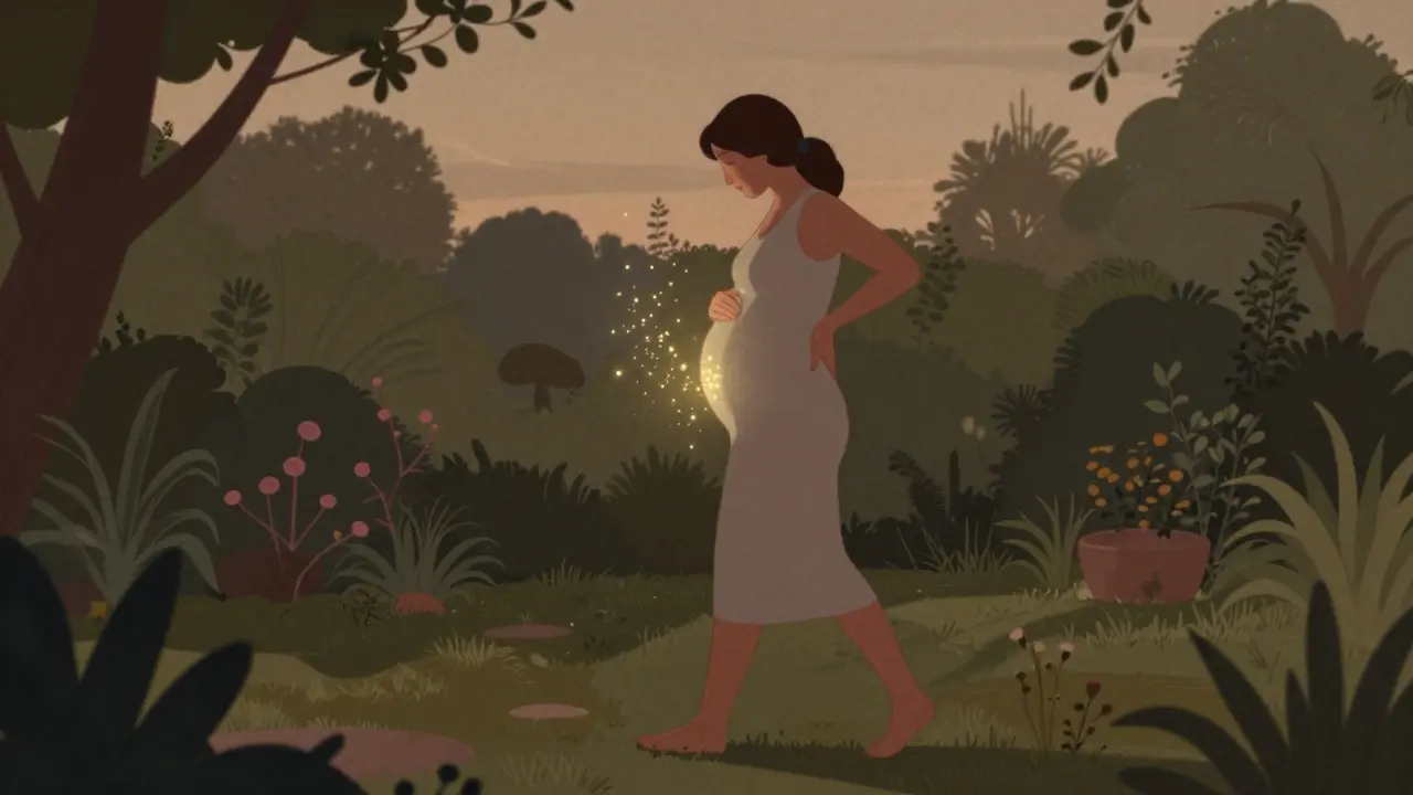 Těhotná žena prochází zahradou ve večerním světle, jemné zlaté částice kolem ní symbolizují přípravu na porod.