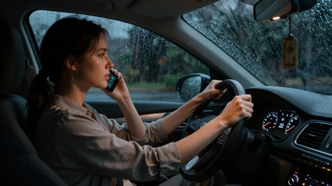 Těhotná žena v autě během bouřky, když začínají kontrakce, zavírá telefon.