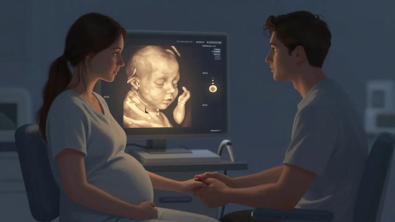 Těhotná žena v kanceláři s ultrazvukem, s přehledem markerů rizika Downova syndromu.