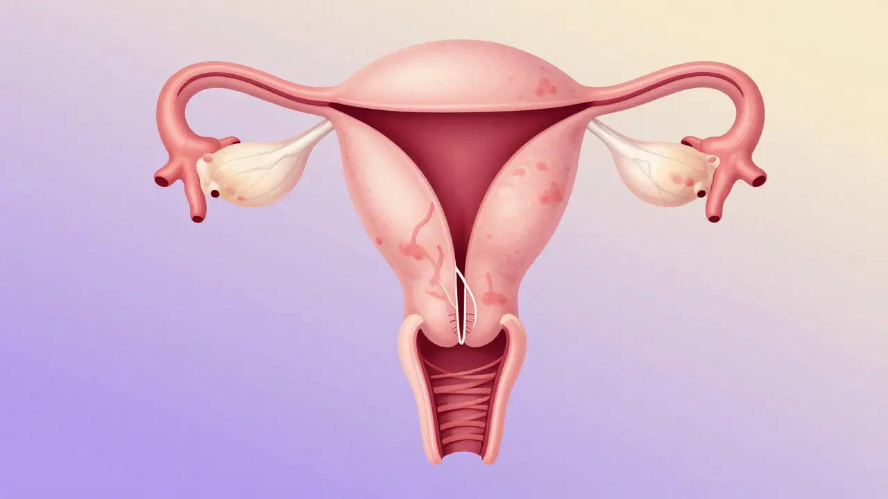 Ukázka vnitřní stavby děložního čípku s příznaky zánětu.