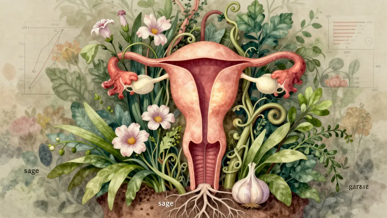 Umělecká ilustrace ženského těla jako zahrady s bylinami podporujícími hormonální rovnováhu.