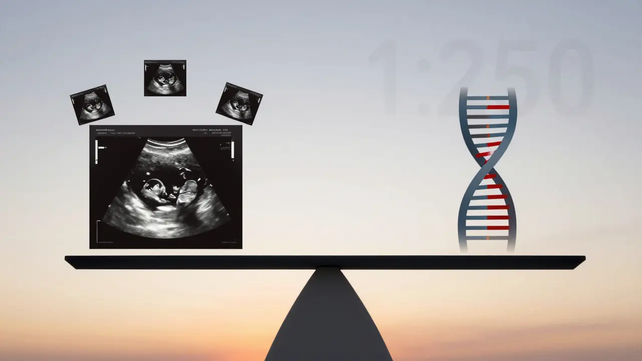 Váha symbolizující riziko Downova syndromu mezi ultrazvukovými znaky a chromozomální anomálií.