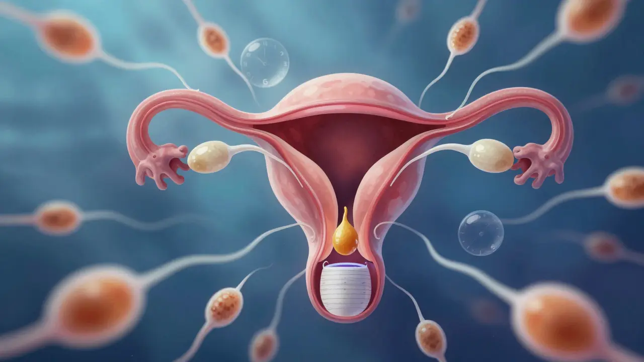 Vajíčko a spermie v fallopijské trubici, symbolizující oplodnění.