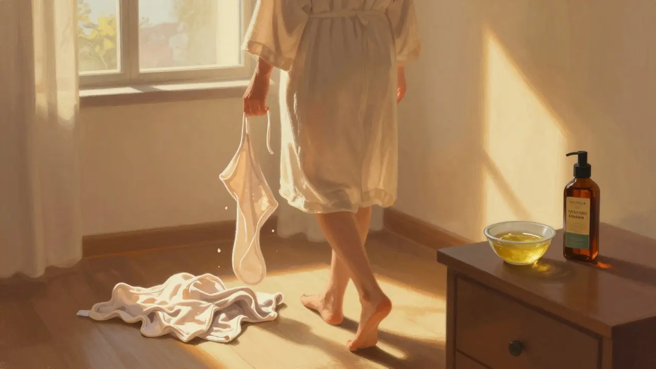 Žena chodí bosá doma, odkládá mokré syntetické prádlo ve světle večerního dne.