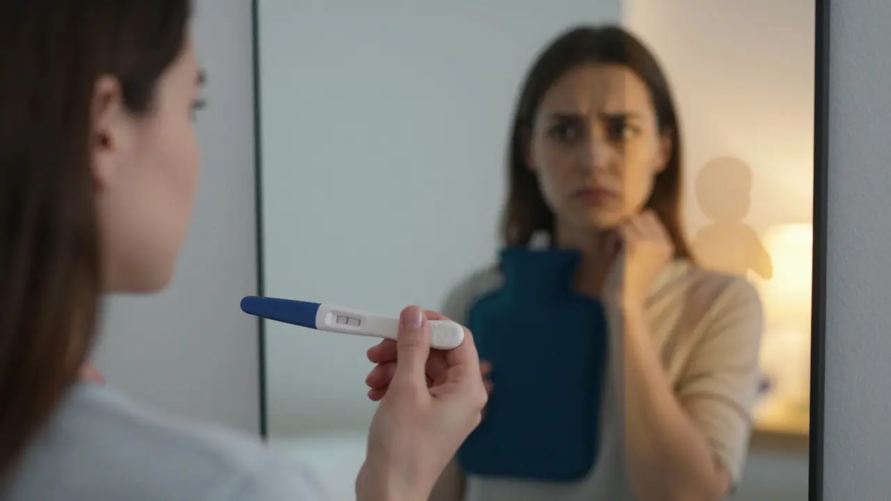 Žena hledí do zrcadla, drží test na těhotenství a kalendář, v odrazu se ukazuje dvojí možnost.