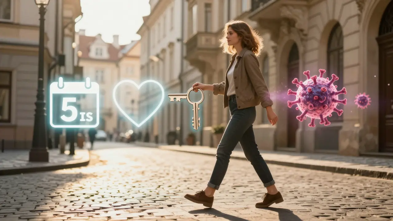 Žena jde ulicí Prahy, klíč se mění v štít, symbolizující prevenci rakoviny.