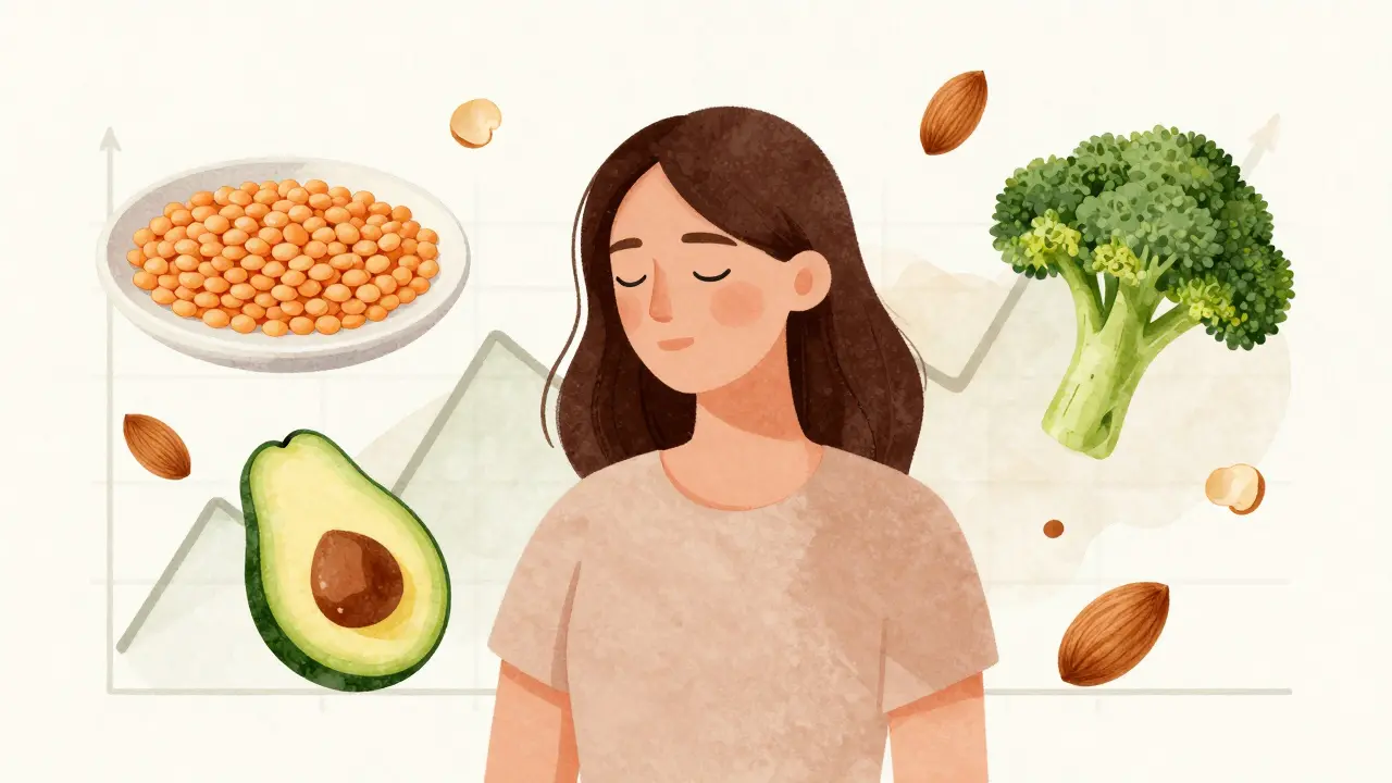 Žena obklopená zdravými potravinami podporujícími ovulaci.