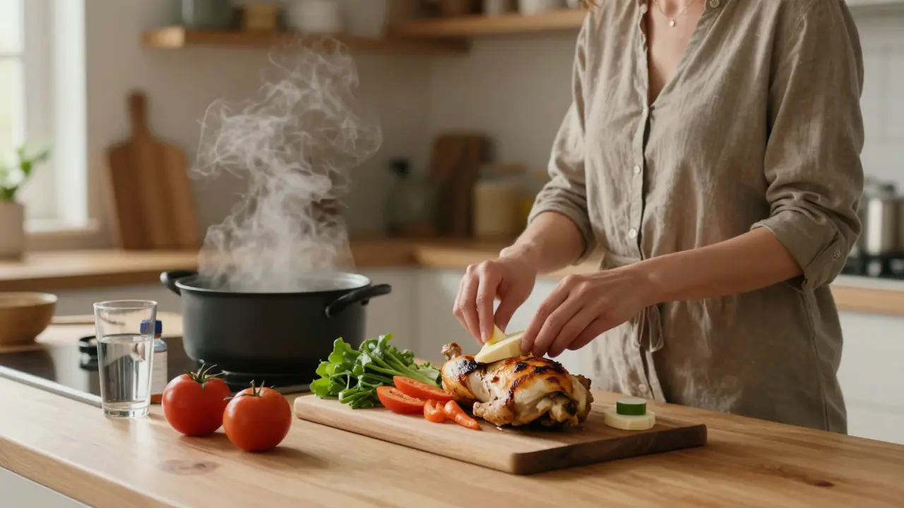 Žena připravuje zdravé jídlo v kuchyni bez syrů nebo surového masa.