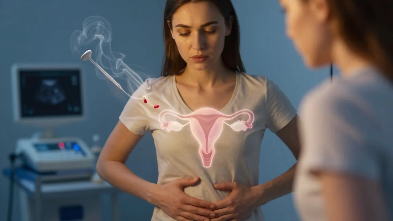 Žena se dívá do zrcadla, kde je v jejím břiše vidět nádor.