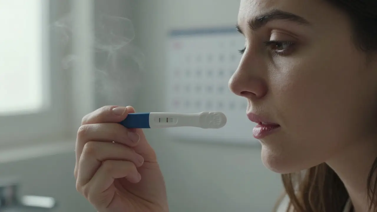 Žena sleduje výsledek ovulačního testu v koupelně s kalendářem na zdi.