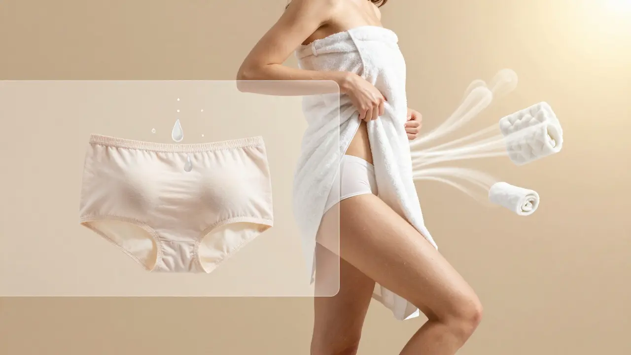 Žena v bavlněném spodním prádle po koupeli, transparentní překryv ukazuje rozdíl mezi syntetikou a bavlnou.