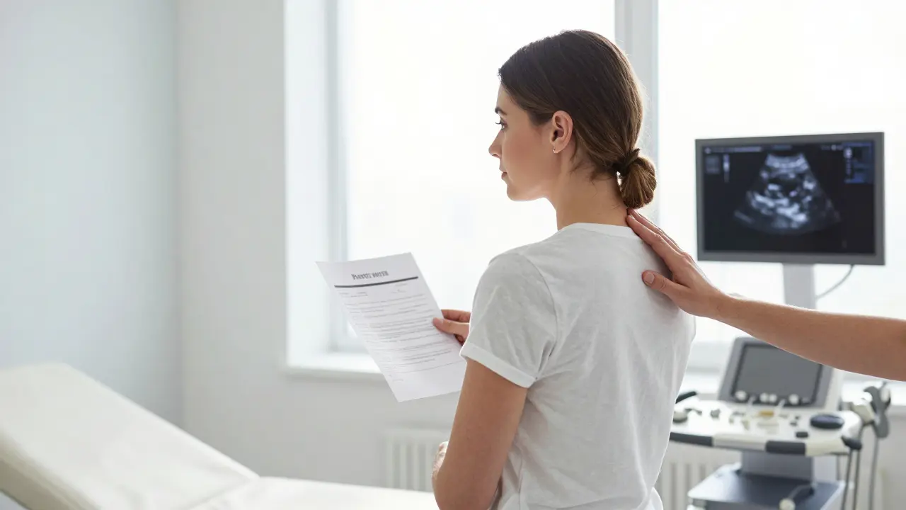Žena v gynekologické ordinaci v Praze s lékařským výsledkem.