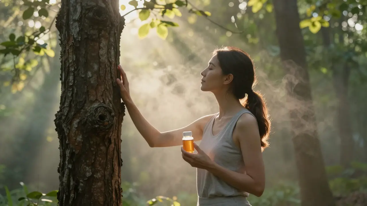 Žena v lese na východě slunce s doplňkem vitamínu D.