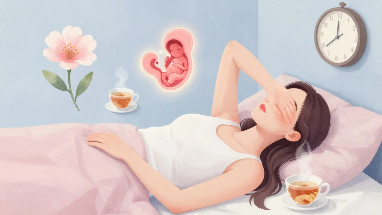 Žena v posteli s plovoucími symboly těhotenství: květ, srdce a čaj.