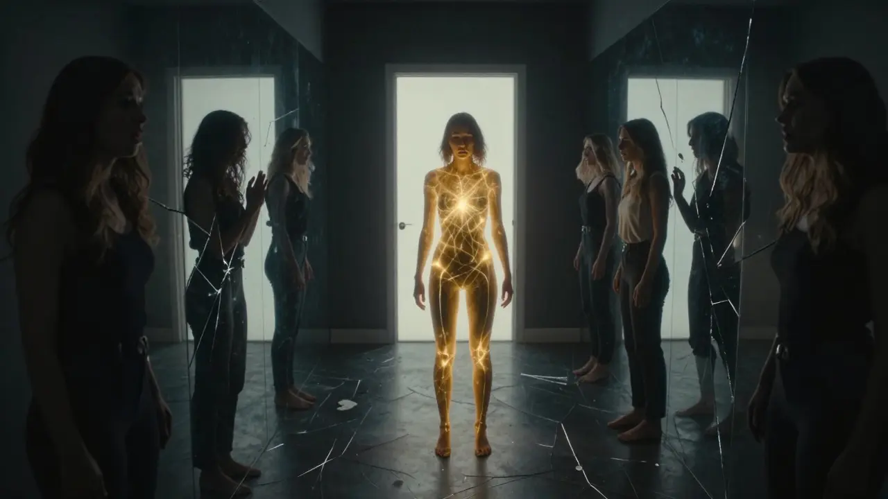 Žena v temné chodbě, její tělo září, kolem ní zrcadla odrazují různé verze její sebe, na konci chodby světlo.