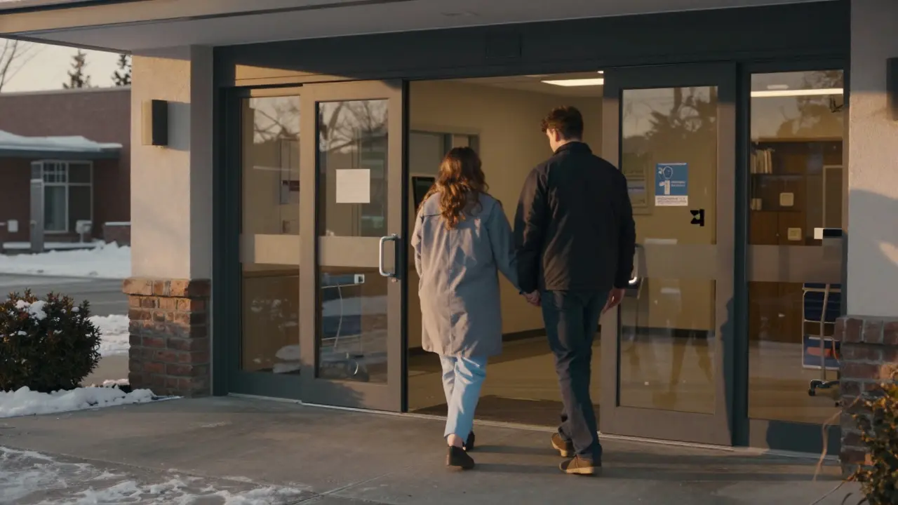 Žena vstupuje do porodnice v ranním světle, doprovázena sestrou a partnerem.