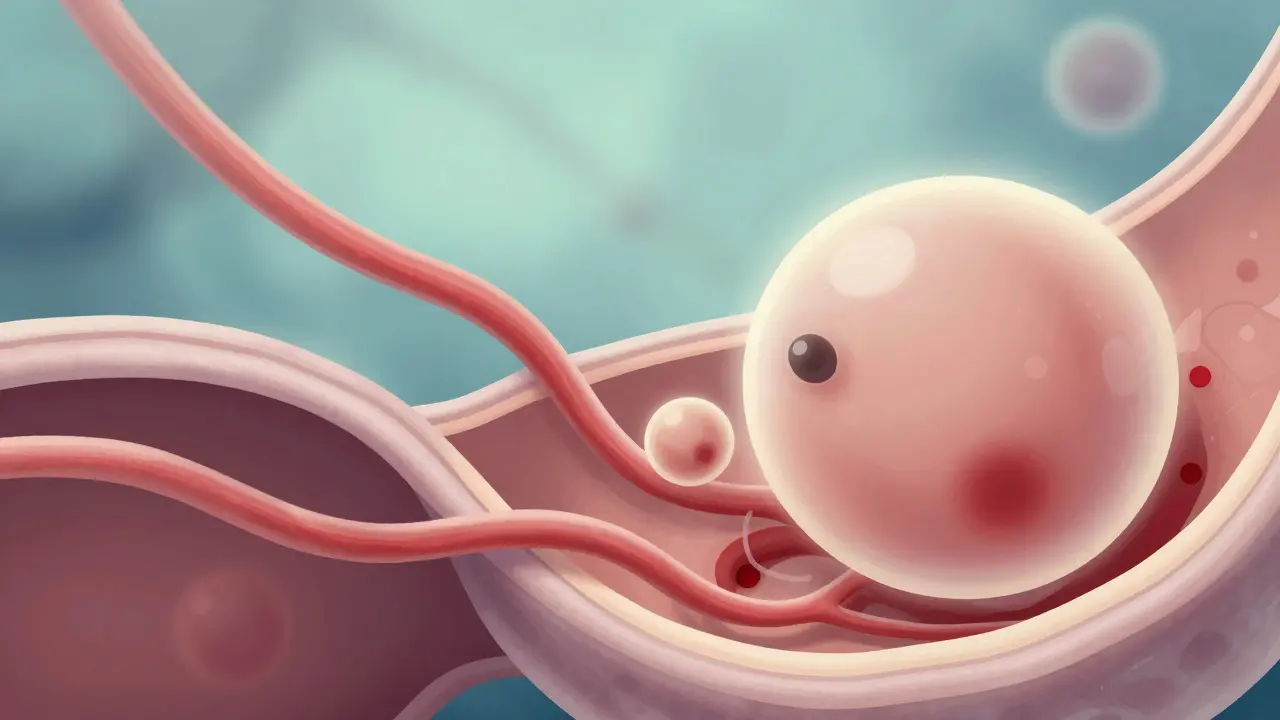 Anatomický náčrtek vajíčka při přichycení k děložní sliznici s jemným krvácením.