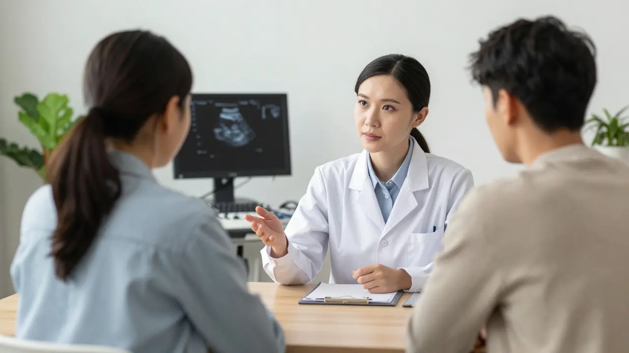 Gynekoložka konzultuje pacientku o možnostech těhotenství, na pozadí je ultrazvukový obraz.